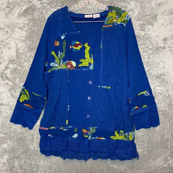 Women Mixed Media Tropical Fish Sheer Gauze Button Front Tunic Top 14W Plus - Picture 1 of 13